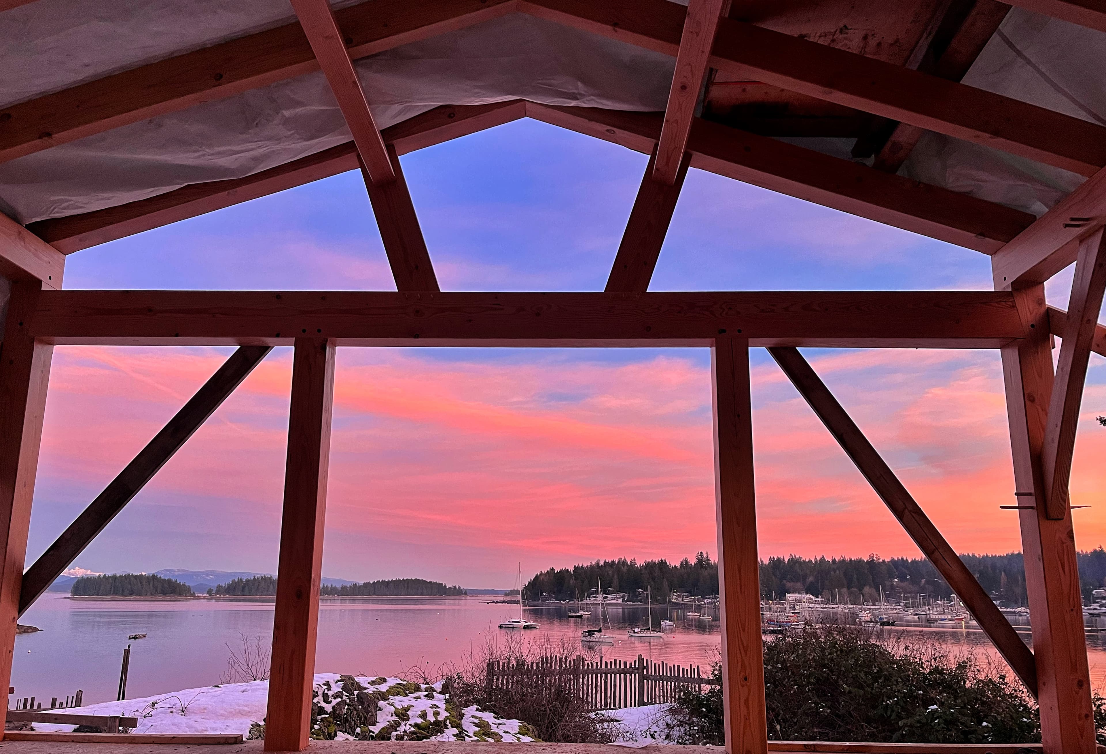 Wide view of completed timber frame home
